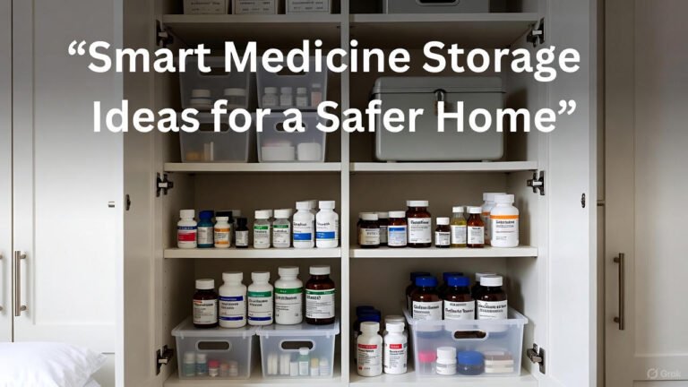Neatly organized medicine cabinet with labeled shelves and a hook line about smart medicine storage ideas