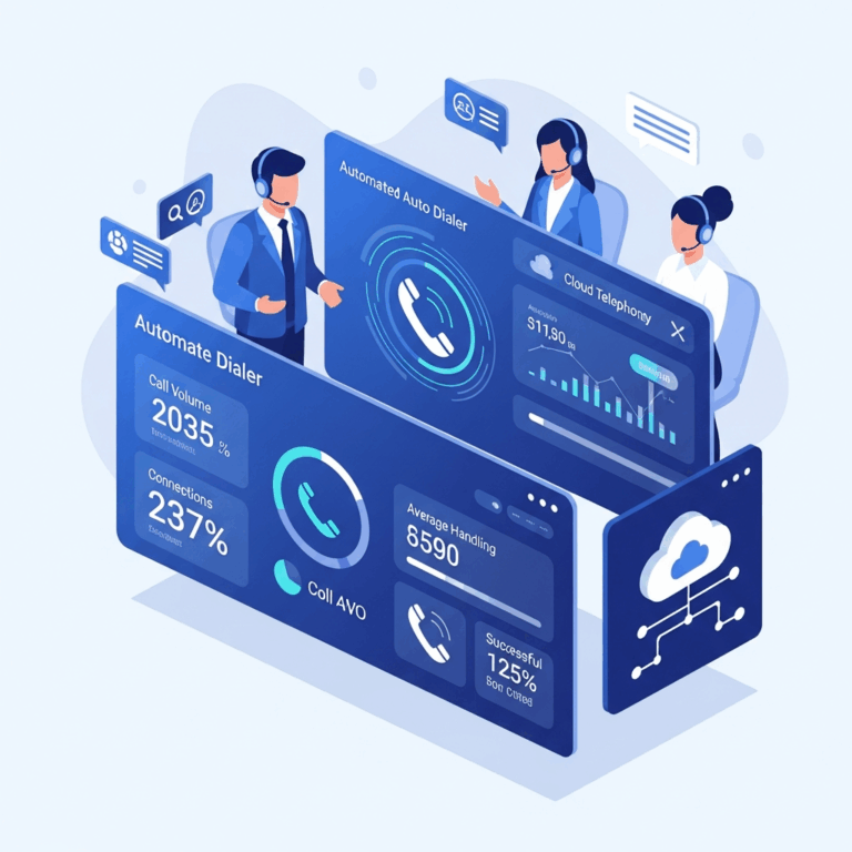 Call center agents using an automated auto dialer system dashboard with cloud-based calling and real-time performance charts.