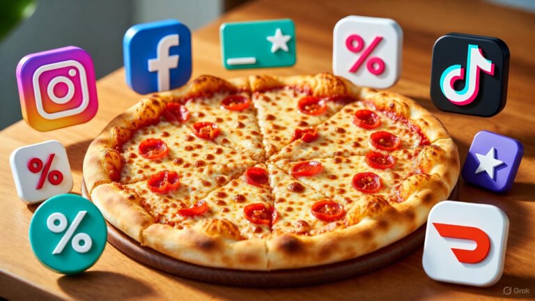 Top view of a freshly baked pizza surrounded by promotional icons like social media, discount tags, and delivery apps