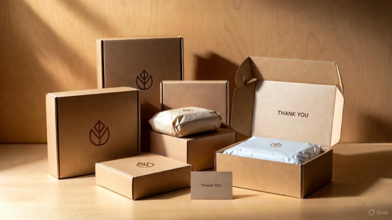 Premium flat-lay of elegant startup packaging including rigid boxes, kraft boxes, and branded inserts arranged neatly on a wooden surface. Thoughtful packaging
