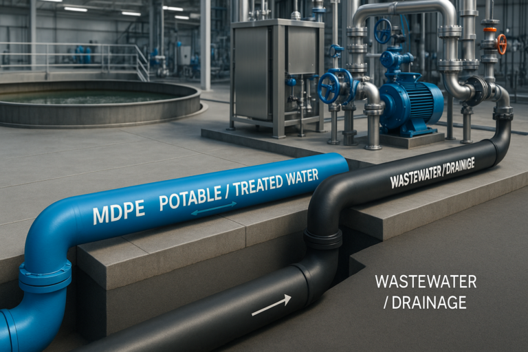 Advanced industrial water treatment system with MDPE and HDPE pipelines for efficient wastewater management.