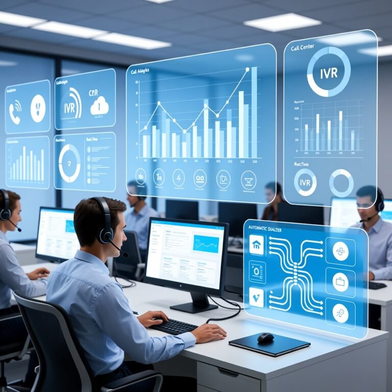 Modern call center team using cloud-based calling software with analytics dashboard, auto dialer, and CRM integration to improve agent productivity.