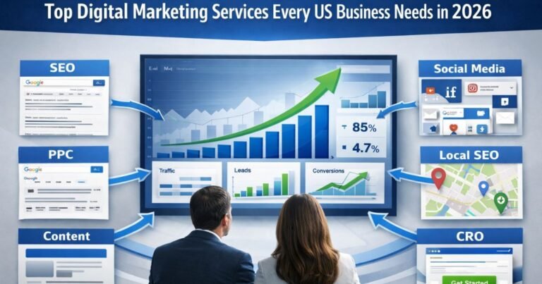 Top digital marketing services in USA showing SEO, PPC, content marketing, social media, local SEO and CRO connected to business growth dashboard